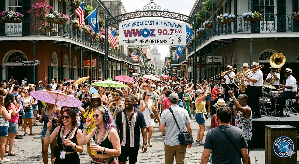 A vibrant, wide-angle photograph capturing the crowded cobblestone street of the French Quarter Festival in New Orleans under bright daylight. Historic buildings with intricate wrought-iron balconies frame both sides of the street. A prominent wrought-iron archway over the street holds a large banner reading "LIVE BROADCAST ALL WEEKEND," "WWOZ 90.7 FM," and "NEW ORLEANS" with musical illustrations. On an elevated stage to the right, a traditional six-piece jazz brass band plays instruments like trumpets and saxophones. A massive, diverse crowd fills the street, holding colorful parasols and beads; several individuals are wearing headphones. A sign on a post on the right reads "FRENCH QUARTER FEST 2026". A small, circular blue and white "web radio info" logo is subtly integrated in the bottom right corner [cite_1.png]. The composition emphasizes the live music, the historic atmosphere, and the broadcast connection.