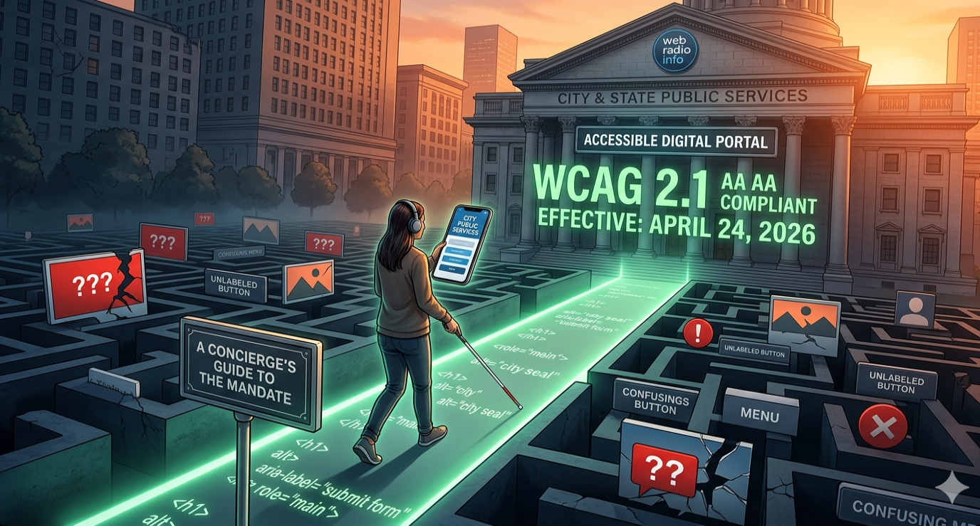 A wide, low-angle photo-illustration showing a person with a white cane and headphones confidently walking along a path made of glowing, clean semantic code snippets (like , alt="city seal", aria-label="submit form"). This path cuts through a confusing, dark digital maze of broken interface elements and red error icons. A signpost near the entrance reads, 'A CONCIERGE'S GUIDE TO THE MANDATE'. The path leads to a large, neoclassical government building labeled 'CITY & STATE PUBLIC SERVICES'. On the facade, a grand illuminated sign says, 'ACCESSIBLE DIGITAL PORTAL'. Overlaid glowing numbers read 'WCAG 2.1 AA COMPLIANT' and 'EFFECTIVE: APRIL 24, 2026'. A small, refined circular 'web radio info' logo is subtly integrated near the entrance. The scene is dynamic and well-lit by the clear path and a warm sunset.