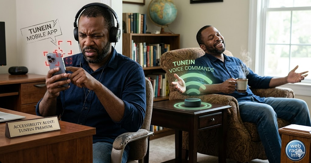 A candid photograph of two visually impaired Black men in their mid-40s (resembling the likeness of William Lee), who are both experiencing TuneIn Premium. On the left, one man is sitting, looking intensely frustrated and annoyed, trying to use an iPhone with headphones; red graphical overlays on the screen illustrate jumping focus boxes and a broken label reading 'TUNEIN MOBILE APP'. On the right, the second man is leaning back in a comfortable armchair, smiling widely and relaxed, eyes closed. He is talking toward a smart speaker on an end table; green graphical overlays show smooth connection waves and a label 'TUNEIN VOICE COMMANDS'. The men are separated but in the same room. Natural daylight illuminates the scene. A small, elegant title sign on a desk in the foreground reads, 'ACCESSIBILITY AUDIT: TUNEIN PREMIUM'.