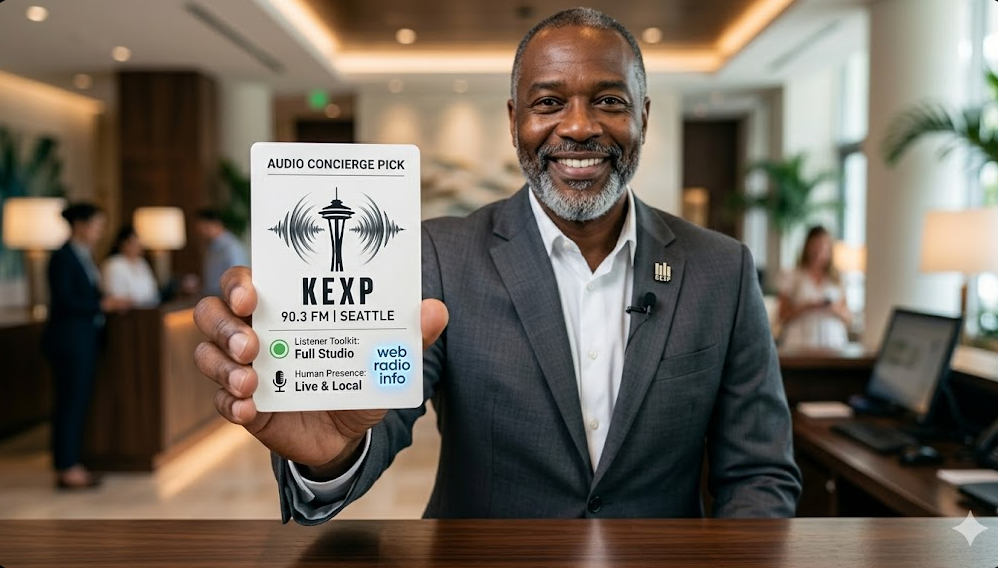 A candid photograph captures Mr. Lee, the Music Curator and Audio Concierge for Web Radio Info (an African American man in his mid-40s with a welcoming smile, likeness from image_3.png's happy user). He is standing behind a polished minimalist dark wood concierge desk in a modern, sunlit hotel lobby filled with tropical plants. He is holding out a premium, heavy-cardstock pocket recommendation guide with both hands, presenting it towards the camera. The card itself is sharply focused. In clean typography, the card reads, 'AUDIO CONCIERGE PICK' at the top. Below that, a stylized graphic combines the Seattle Space Needle with a pulsing audio wave. The main text identifies the station as 'KEXP 90.3 FM | SEATTLE'. Below that, using the newly established UI labels with simple icons, it lists, 'Listener Toolkit: 🟢 Full Studio' and 'Human Presence: 🎙️ Live & Local'. A small, blue and white 'web radio info' logo is embossed at the very bottom center of the card. Mr. Lee wears a professional charcoal blazer and a white polo shirt. The background lobby environment is blurred (shallow depth of field) but shows large plants, natural stone walls, and other blurred people. The natural daylight illuminates the scene.
