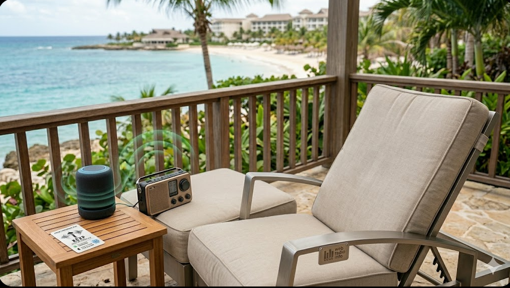 A candid, natural daylight photograph from a resort balcony in Green Island, Jamaica. The perspective is clear of any human presence, offering a pure scene setting for a future listener. The metal-framed lounge chair from image_21.png is present but entirely vacant. Next to it, on a small teak side table, the vintage-style transistor radio with the specialized 'AURAL CONCIERGE PICKS' graphic on its speaker face, the cylindrical smart speaker with the glowing blue ring, and the small recommendation card are set up in their exact positions. Glowing green circular waves emanate from the smart speaker towards the radio, visually connecting the scene to the hybrid listening setup. The patio overlooks a spectacular view of the turquoise ocean, white sand beach, and soft resort buildings of Hotel Princess Senses The Mangrove under natural daylight. The metal 'Web Radio Info' plaque is still on the empty lounge chair's armrest. The overall atmosphere is peaceful, pristine, and prepared.
