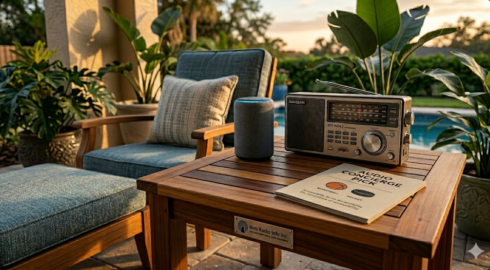 A close-up photograph of a brown book titled "AUDIO CONCIERGE PICK" in gold letters, positioned next to a black Amazon Echo speaker on a wooden end table. The speaker's blue light ring is glowing.