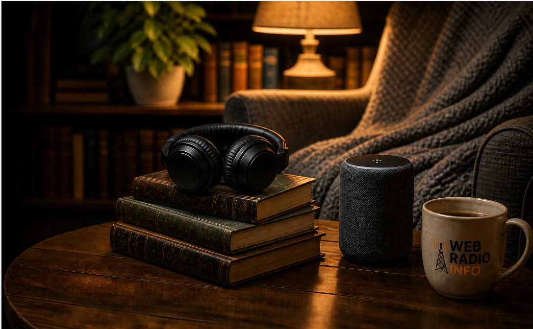 Black over-ear headphones resting on stacked books beside a smart speaker and a coffee mug with the Web Radio Info logo in a warmly lit living room