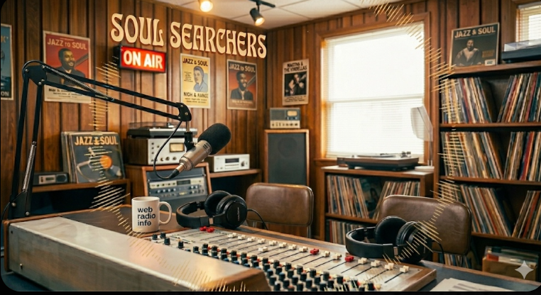 A candid, high-resolution lifestyle photograph captures the interior of a meticulously detailed, screen-free analog radio broadcasting studio. The warm, cinematic lighting emphasizes the customized wooden broadcast desk which is quiet and devoid of people. The composition centers on a massive analog audio mixing console, now fully exposed, complete with hundreds of tactile sliders, knobs, and meters. Multiple large, coiled noise-canceling headphones hang from a rail along the desk's edge, ready for use. A professional large-diaphragm broadcast microphone stands on a boom arm. In the foreground, propped centrally on the console, is a prominent, custom-engraved brass plaque that reads: 'BATON ROUGE MAGNET HIGH SCHOOL RADIO TRAINING PROGRAM – FCC LICENSED KBRH & WBRH – IMMERSIVE AUDIO CURATION'. Next to the microphone is a ceramic coffee mug featuring the distinct 'web radio info' logo. The background features massive, floor-to-ceiling shelves completely filled with thousands of organized vinyl records, reinforcing the deep, human-curated library. Subtle warm sound waves and gold particle effects emanate gently from the mixing board and microphone, illustrating the descriptive texture and spatial presence of the human-curated signal. A glowing red 'ON AIR' and an adjacent 'IMMERSIVE SIGNAL ACTIVE' sign are visible in the soft blur, indicating the silent but operational status. The entire scene emphasizes a quiet, tactile, function-first listening environment.