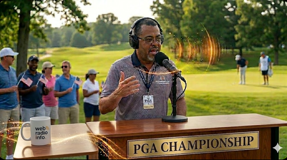 A high-resolution candid photograph captures a middle-aged African American male broadcaster with short graying hair and glasses, actively delivering a live audio feed from the lush green Aronimink Golf Club during the PGA Championship. He wears large noise-canceling headphones and speaks passionately into a professional broadcast microphone mounted on a clean, polished dark wood desk. The front of the desk features a prominent brass plaque reading 'PGA CHAMPIONSHIP'. To his left, on an attached wooden side table, sits a white ceramic coffee mug with the 'web radio info' logo. There are absolutely no screens or digital devices on the desk. Abstract, warm golden sound waves and particle effects emanate from the microphone, visually representing the descriptive texture of a human-led broadcast. In the softly blurred background, a diverse group of fans hold small American flags on the left, while golfers are visible on the sunlit putting green on the right.