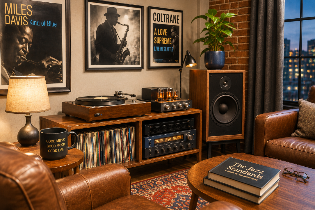 Warm jazz listening room with vintage stereo equipment, vinyl records, leather chairs, tube amplifier, and framed jazz posters in a cozy evening setting.