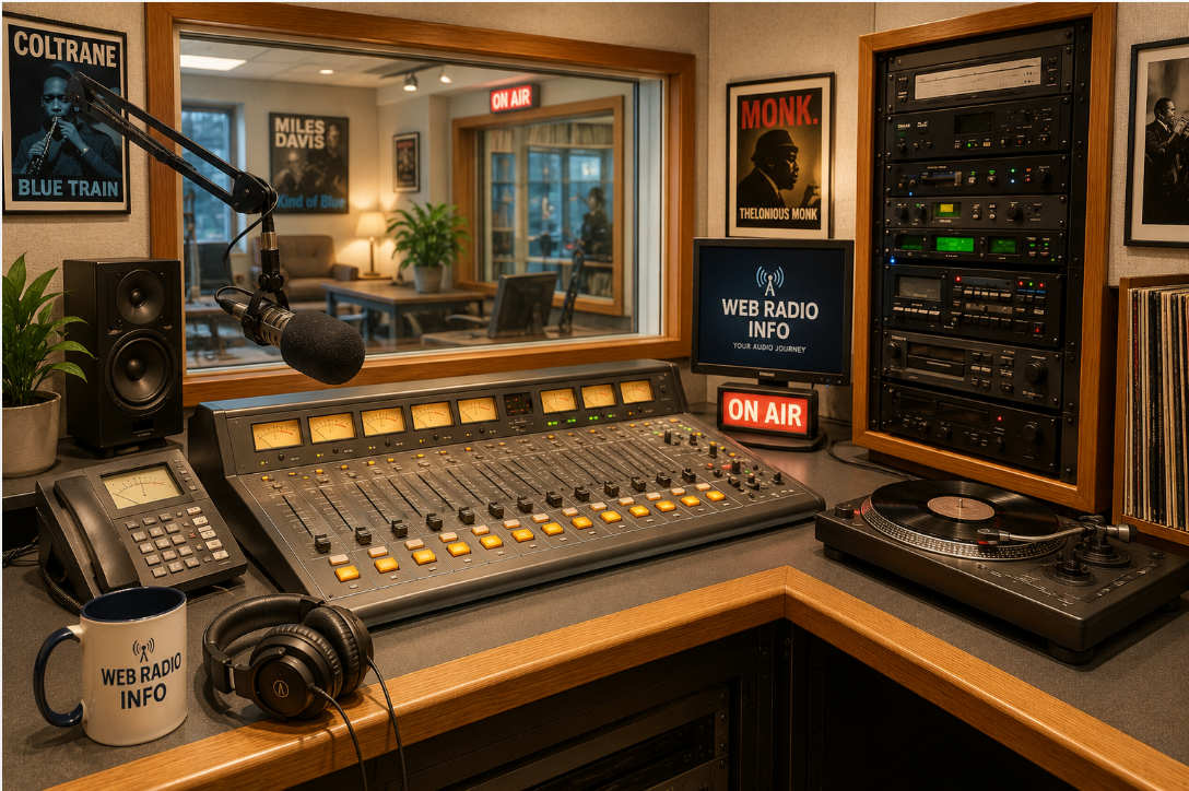 Brightly lit radio studio control room with a professional audio mixing console, suspended broadcast microphone, headphones, vinyl turntable, and classic jazz posters decorating the walls.