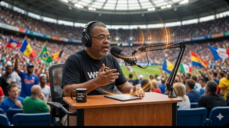 A high-resolution candid photograph captures a middle-aged African American male broadcaster with short graying hair and glasses, actively delivering a live audio feed from inside a packed, vibrant soccer stadium during the 2026 FIFA World Cup. He is seated at a clean, polished wooden desk in the stands. He wears large noise-canceling headphones and speaks with passion into a professional broadcast microphone attached to a boom arm. On the desk rests a sleek e-ink tablet and a black ceramic coffee mug featuring the 'web radio info' logo. There are no video monitors or digital screens on the desk. Abstract, warm golden sound waves and particle effects emanate from the microphone and his voice, visually representing the descriptive texture of a human-led broadcast. The softly blurred background shows thousands of diverse fans cheering and waving various international flags under the massive stadium roof.