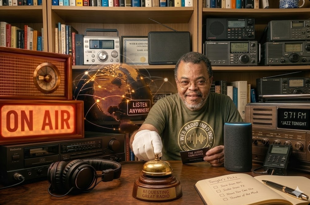 A smiling Black man in his 60s, Karl Lee, sits at a desk filled with vintage and modern radio equipment. He wears a green t-shirt with the Web Radio Info Inc. logo. One hand, wearing a white glove, rests on a brass service bell labeled 