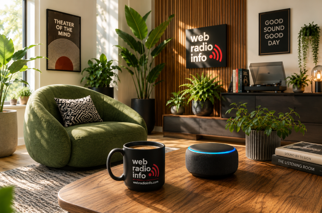 A bright, modern listening room filled with natural sunlight, lush green plants, and contemporary furniture. A wooden coffee table holds a smart speaker and a black coffee mug featuring the Web Radio Info logo. Warm wood paneling, soft textures, and audio-inspired décor create a cozy screen-free entertainment atmosphere.