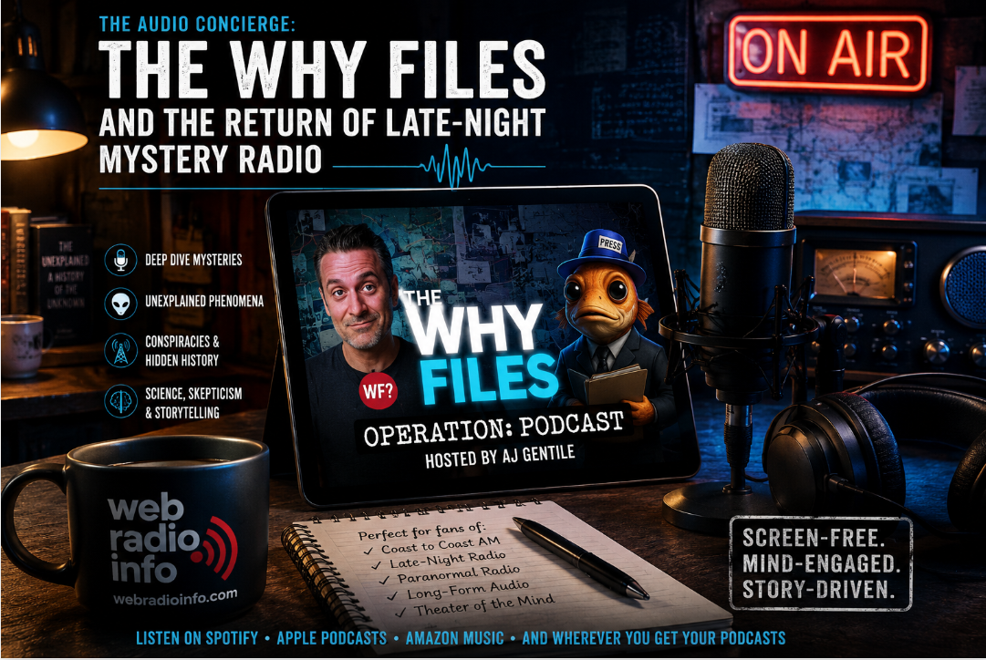 A cinematic late-night podcast studio scene promoting The Why Files: Operation Podcast. The image features a large microphone, headphones, vintage radio equipment, glowing “On Air” sign, conspiracy-themed visuals, and a tablet displaying podcast artwork with host AJ Gentile and the animated character Hecklefish. A Web Radio Info coffee mug sits in the foreground beside a notebook and pen in a moody blue-and-orange lit studio environment.