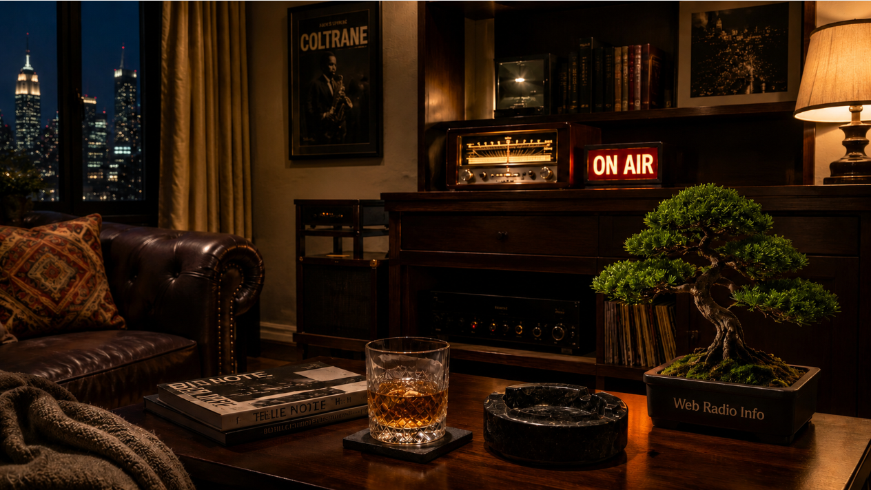 A warm nighttime jazz listening room with a city skyline view, vintage radio equipment, a glowing “On Air” sign, a glass of bourbon, and one bonsai tree in a planter labeled “Web Radio Info.”
