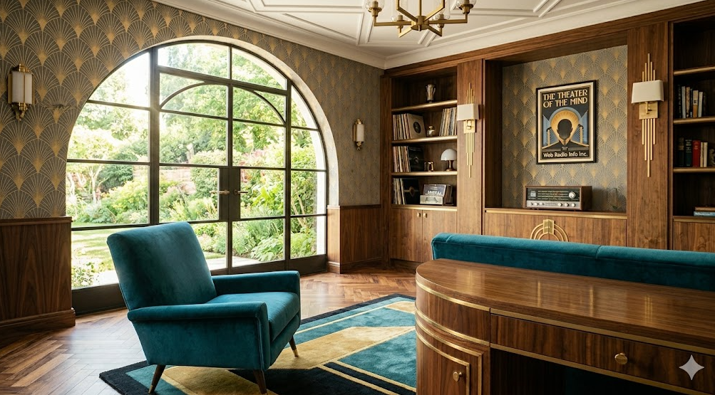 An interior view of an opulent Art Deco style home library featuring dark wood built-ins, geometric gold fan wallpaper, a herringbone floor, and a large arched window looking out to a garden. A teal velvet armchair sits near the window on a blue and gold rug. A curved wooden desk structure is in the foreground.