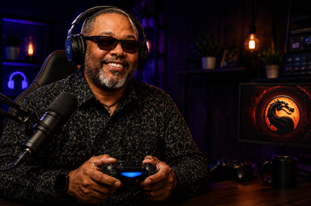 William Lee sits in a gaming studio wearing headphones and sunglasses while holding a game controller. Web Radio Info branding, a microphone, and a Mortal Kombat-themed display highlight his exploration of accessible gaming and blind esports.