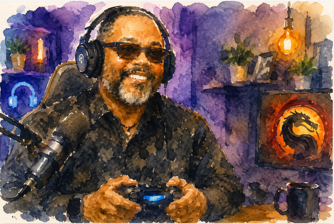 William Lee sits in a gaming studio wearing headphones and sunglasses while holding a game controller. Web Radio Info branding, a microphone, and a Mortal Kombat-themed display highlight his exploration of accessible gaming and blind esports.