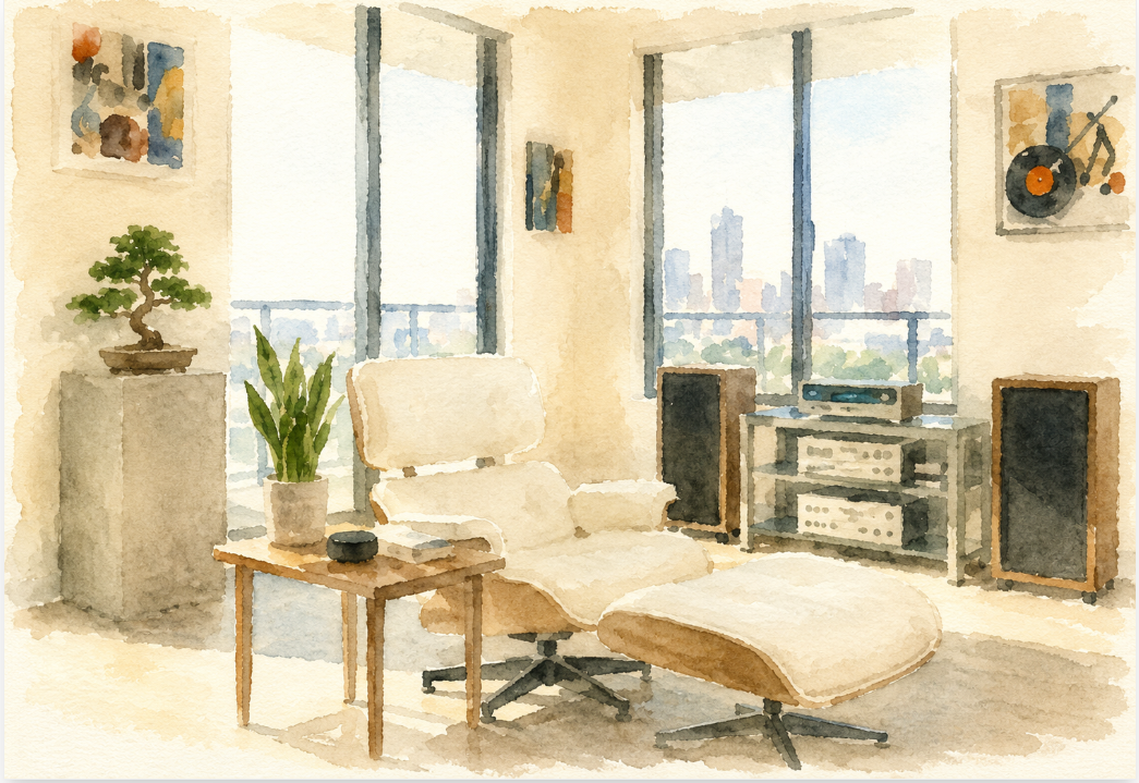 A bright, sunlit modern living room featuring a white leather mid-century modern lounge chair and ottoman. To the right, a glass and metal shelving unit holds three pieces of vintage silver stereo equipment, flanked by two large wooden floor speakers. Large floor-to-ceiling windows reveal a daytime city skyline. To the left, a wooden side table holds an Echo Dot and a snake plant in a pot labeled "WEB RADIO INFO." Next to it, a concrete pedestal displays a bonsai tree. Framed music-themed artwork hangs on the white walls.