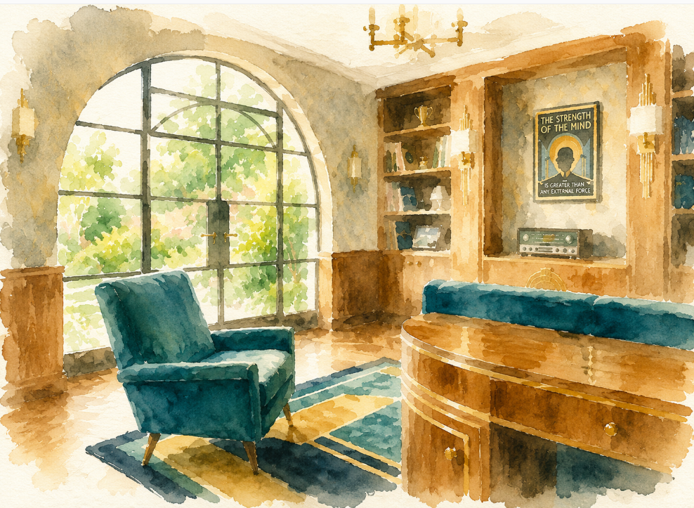 An interior view of an opulent Art Deco style home library featuring dark wood built-ins, geometric gold fan wallpaper, a herringbone floor, and a large arched window looking out to a garden. A teal velvet armchair sits near the window on a blue and gold rug. A curved wooden desk structure is in the foreground.
