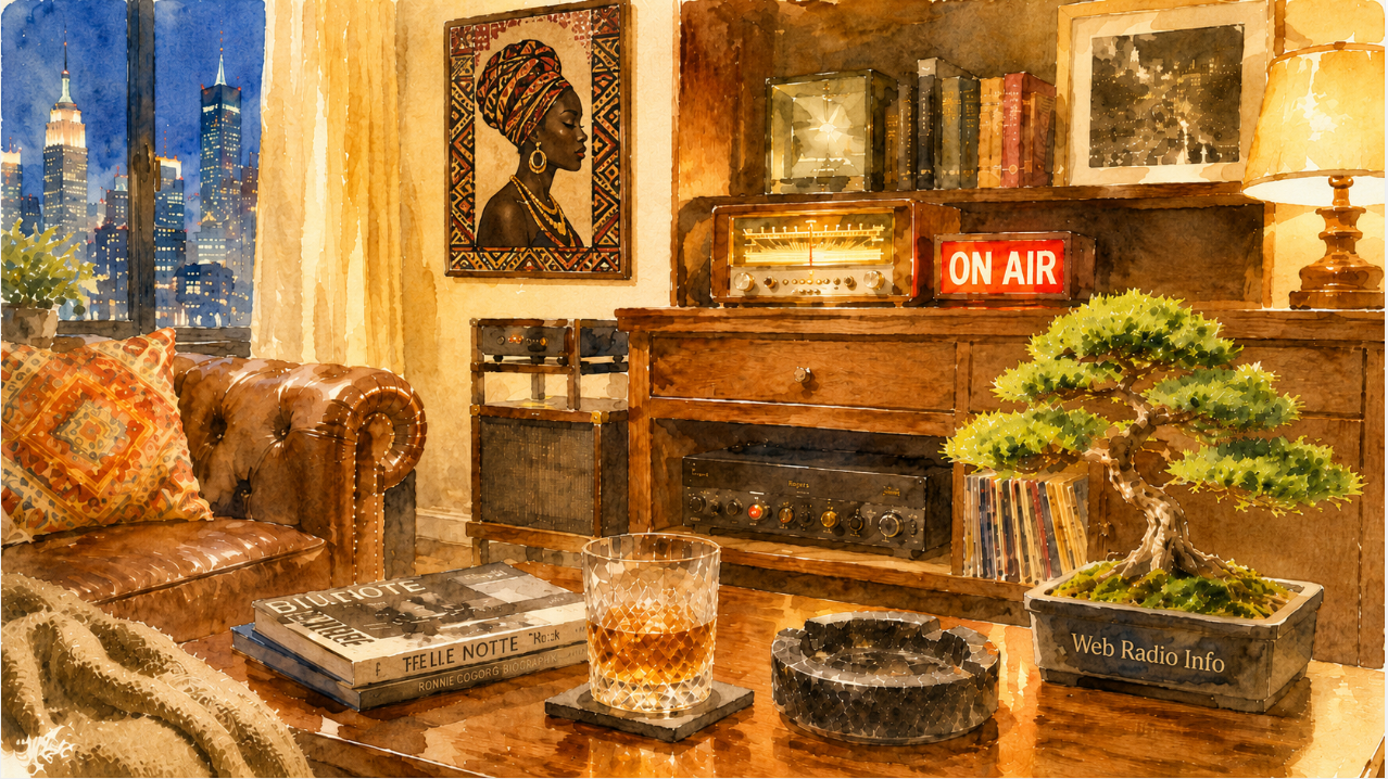 A warm nighttime jazz listening room with a city skyline view, vintage radio equipment, a glowing “On Air” sign, a glass of bourbon, and one bonsai tree in a planter labeled “Web Radio Info.”