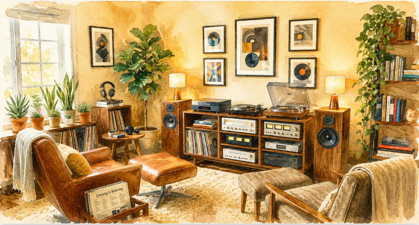 A warm, sunlit living room dedicated to music listening. A wooden console holds a vintage silver stereo system and turntable, flanked by two wooden floor speakers. The room features a brown leather lounge chair with an ottoman, a textured rug, and numerous indoor plants including a fiddle leaf fig and snake plants. Framed abstract art hangs on the beige walls.