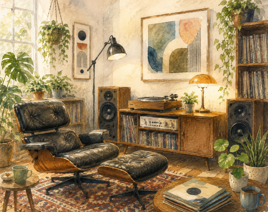 A sunlit, elegant listening room featuring high-end stereo equipment, a turntable, and large wooden floor-standing speakers. A black leather Eames lounge chair faces the setup. The room is decorated with lush green plants, including a Monstera, a fiddle leaf fig, and a vibrant arrangement of orchids and hydrangeas, creating a peaceful, screen-free environment.