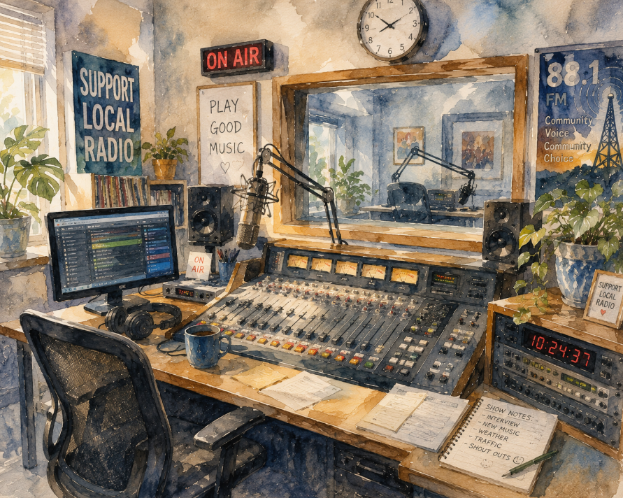 Brightly lit radio studio control room with a professional audio mixing console, suspended broadcast microphone, headphones, vinyl turntable, and classic jazz posters decorating the walls.