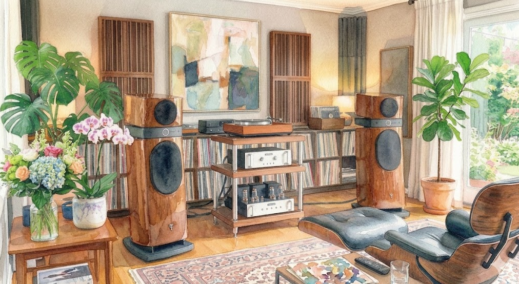 A sunlit, elegant listening room featuring high-end stereo equipment, a turntable, and large wooden floor-standing speakers. A black leather Eames lounge chair faces the setup. The room is decorated with lush green plants, including a Monstera, a fiddle leaf fig, and a vibrant arrangement of orchids and hydrangeas, creating a peaceful, screen-free environment.