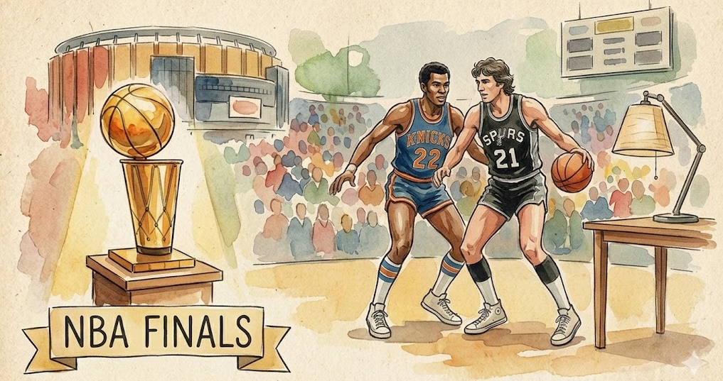 A vintage-style watercolor painting illustrating an NBA Finals matchup. The image features two basketball players in old-fashioned uniforms: on the left, a player in a blue and orange "KNICKS" jersey with number 22 playing defense, and on the right, a player in a black "SPURS" jersey with number 21 dribbling the ball. A large, golden Larry O'Brien Championship Trophy stands on a pedestal to the left under spotlights, next to a detailed arena in the background (resembling Madison Square Garden). The right side shows a small table with an antique desk lamp. At the bottom, a large banner with stylized text reads "NBA FINALS".