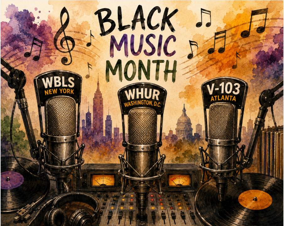 Watercolor illustration celebrating Black Music Month featuring three vintage broadcast microphones representing WBLS New York, WHUR Washington, D.C., and V-103 Atlanta, surrounded by vinyl records, studio equipment, and musical notes.