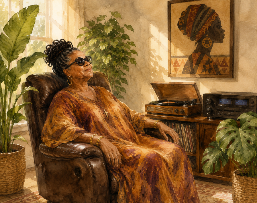 A watercolor-style illustration of a blind African American woman relaxing in a comfortable listening chair in a sunlit living room. Large green houseplants surround her as she enjoys gospel music playing from a vintage record player and stereo system. Warm natural sunlight fills the room, and African-inspired artwork hangs on the wall, creating a peaceful and inviting atmosphere.