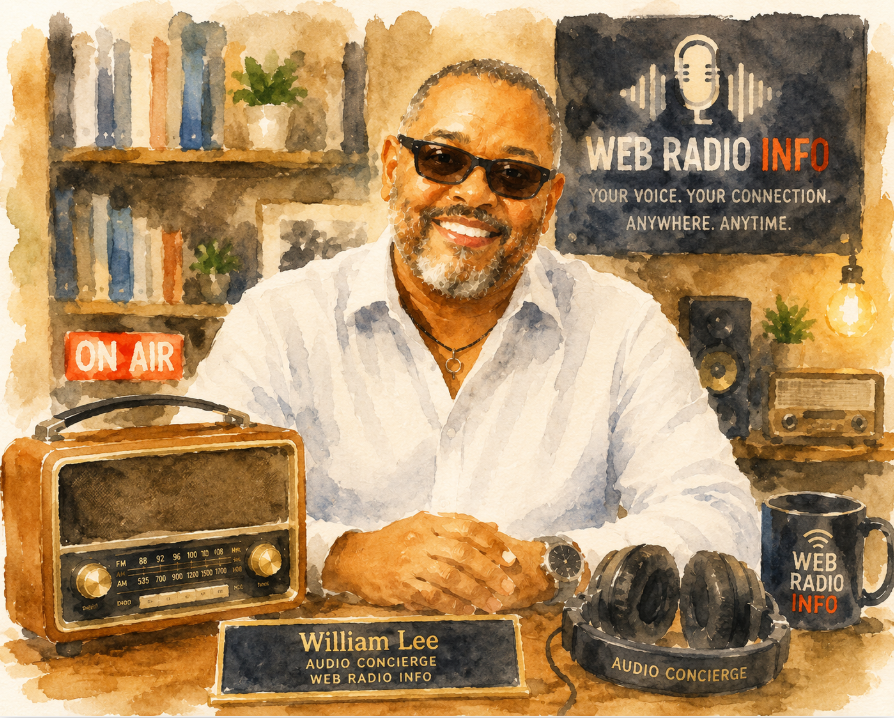 William Lee sits at a wooden desk in a warmly lit home studio, wearing a light gray button-down shirt and dark sunglasses. A vintage radio, over-ear headphones, and a Web Radio Info mug rest on the desk, while bookshelves and a Web Radio Info sign glow softly in the background.