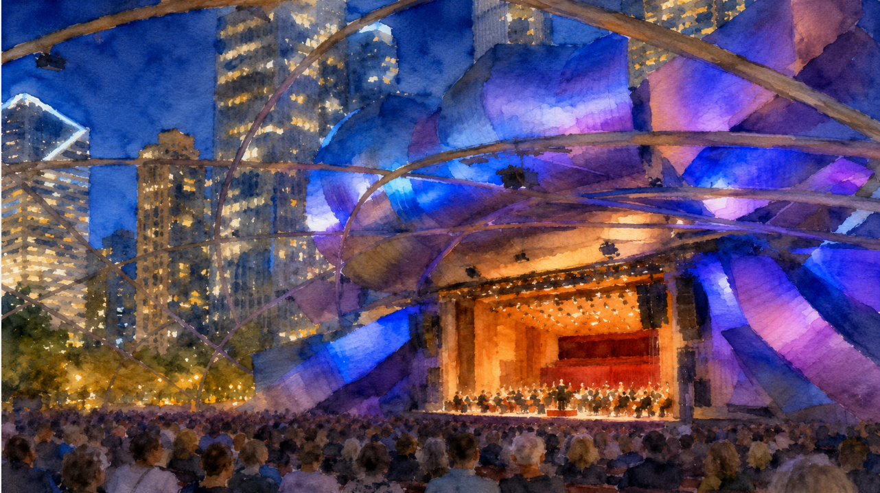 Nighttime view of Chicago’s Jay Pritzker Pavilion illuminated in blue and purple lights during a Grant Park Music Festival concert, with the city skyline rising in the background.