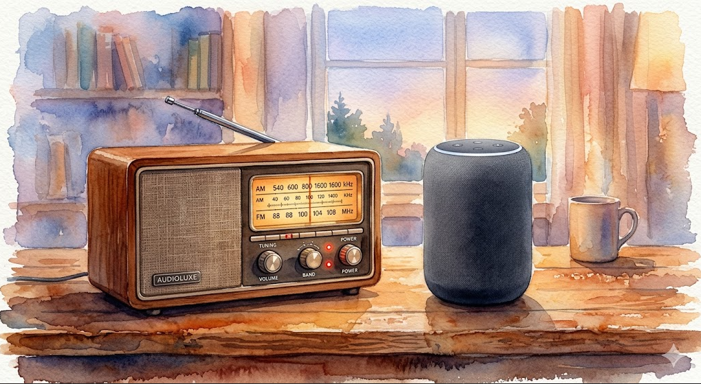 A watercolor illustration on a wooden desk showing a vintage wooden radio with an antenna and lit-up tuning dial next to a modern black cylindrical smart speaker, in a cozy room with a bookshelf and a sunset window view.