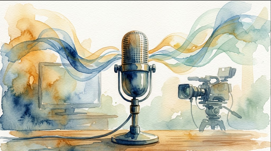 A watercolor painting showing a classic broadcast microphone in clear focus on a desk, emitting flowing, abstract sound waves of blue and gold. In the soft, hazy background, a television monitor sits to the left and a professional video camera on a tripod stands to the right.