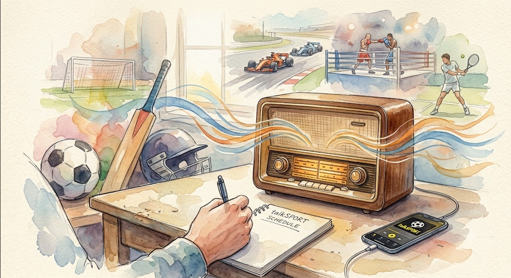 A watercolor painting on textured paper of a classic wooden tabletop radio sitting on a desk. Fluid blue and gold sound waves stream from the speaker grilles. In the foreground, a hand holds a pen over a spiral notebook labeled talkSPORT SCHEDULE, right next to a smartphone displaying a sports app connected to the radio. The surrounding background blends into a soft collage of various sports, showcasing a soccer goal, a cricket bat, Formula 1 racing cars, two boxers in a ring, and a tennis player.