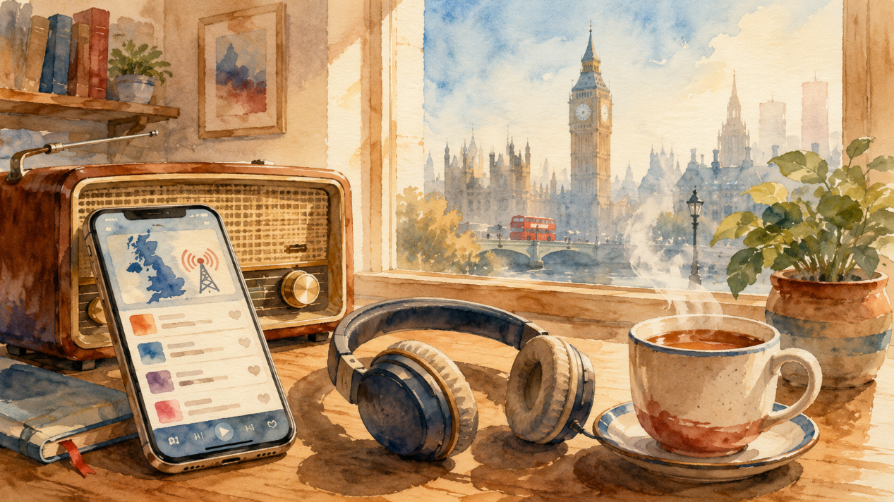 Watercolor painting of a smartphone displaying a UK radio guide beside headphones, a vintage radio, and a steaming cup of tea, with Big Ben visible through a sunlit window.