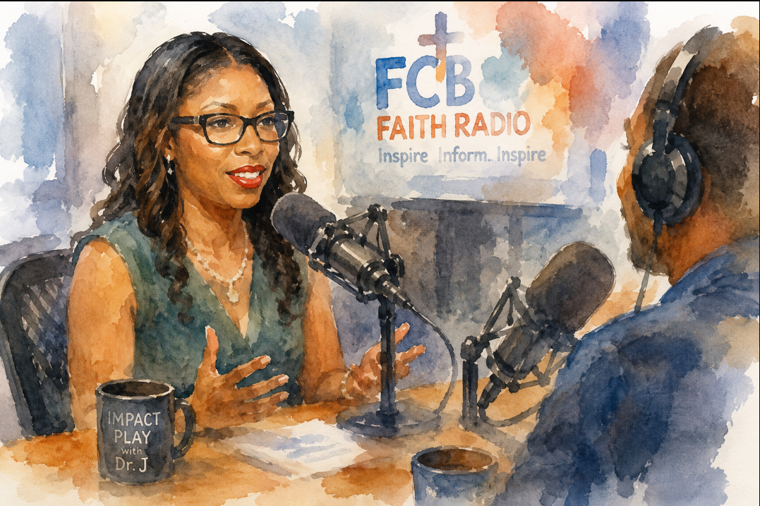 A soft watercolor illustration of a radio interview featuring a woman speaking into a studio microphone while a host listens across the table, representing community-focused audio programming and podcasting.