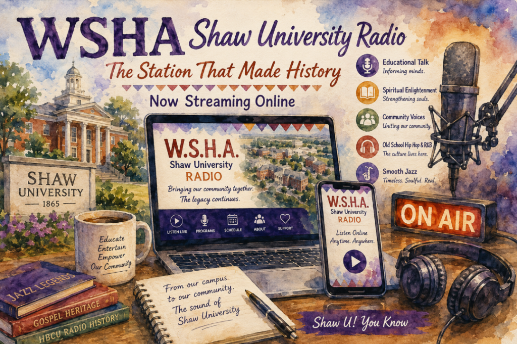 A soft watercolor illustration celebrating WSHA Shaw University Radio. The artwork features Shaw University's historic campus, a laptop and smartphone streaming the station online, a studio microphone, headphones, books highlighting jazz and HBCU radio history, and warm coffeehouse colors that symbolize the station's continuing legacy as an online community radio service.
