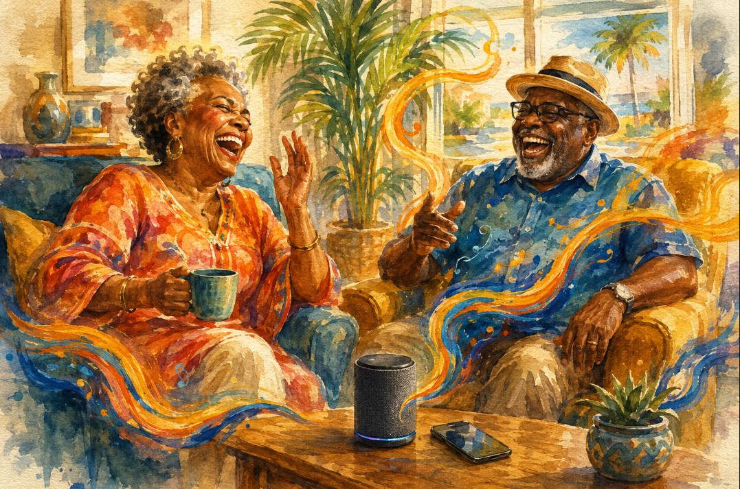 A cozy watercolor painting of an elderly African American couple laughing together in their sunny living room. Colorful, abstract sound waves curl out from a smart speaker and smartphone on the coffee table between them.