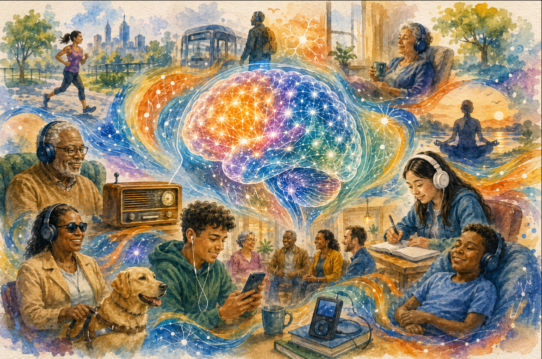 A warm watercolor illustration showing people of different ages enjoying screen-free listening with headphones, a tabletop radio, a smartphone, and a portable audio player. Colorful sound waves flow around a glowing brain filled with interconnected neural pathways, symbolizing memory, learning, attention, and the positive connection between active listening and brain health. A blind woman with a guide dog is included among the listeners, highlighting accessibility and inclusion.