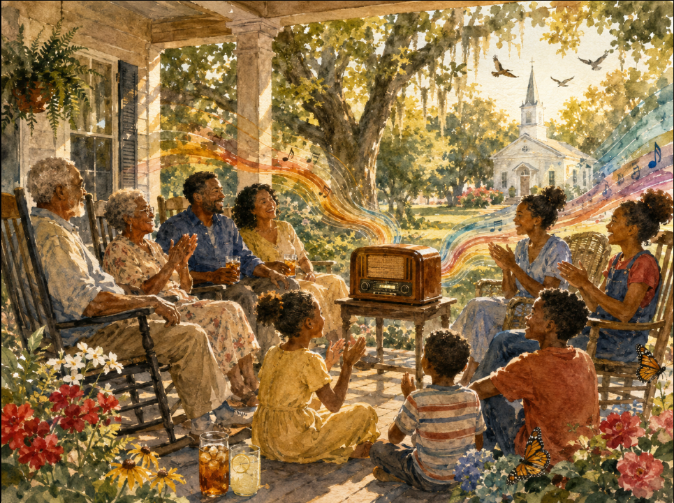 Watercolor painting of a multigenerational family gathered on a sunny front porch, smiling and clapping around a tabletop radio while colorful musical waves drift through the yard toward a distant white church.