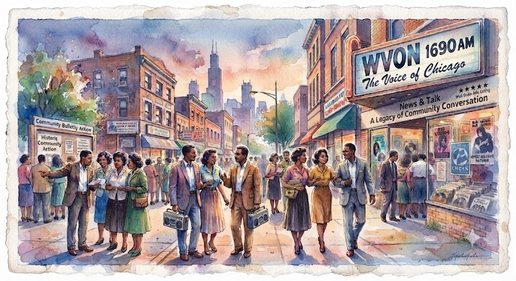 A traditional watercolor painting of a bustling South Side Chicago street at dusk, featuring vintage brick storefronts, a prominent marquee for radio station WVON 1690 AM