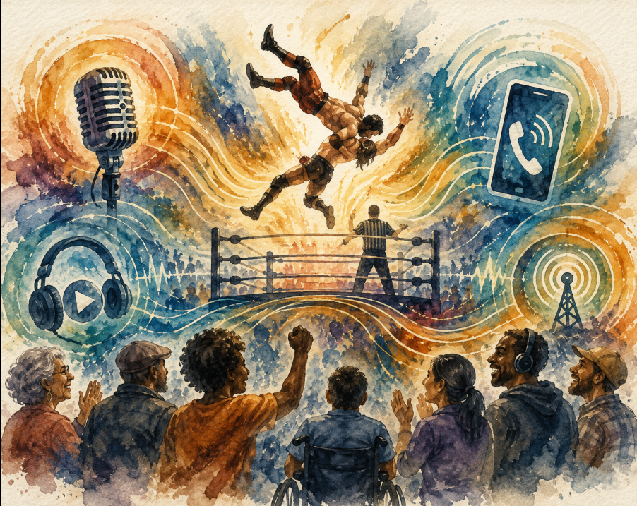 A vibrant watercolor painting shows two professional wrestlers performing a dramatic aerial move above a wrestling ring while colorful sound waves radiate through the scene. A diverse audience, including an older adult and a person using a wheelchair, enjoys the audio experience as illustrations of a microphone, headphones, a phone, and a broadcast tower blend into the flowing watercolor.