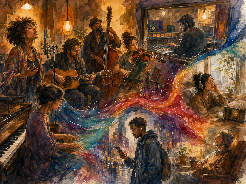 Watercolor painting of a live band performing in a cozy broadcast studio, with colorful sound waves flowing outward to listeners at home and in the city.