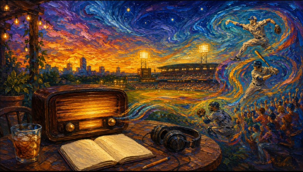 A glowing tabletop radio carries baseball play-by-play toward a Houston stadium beneath a swirling August night sky.