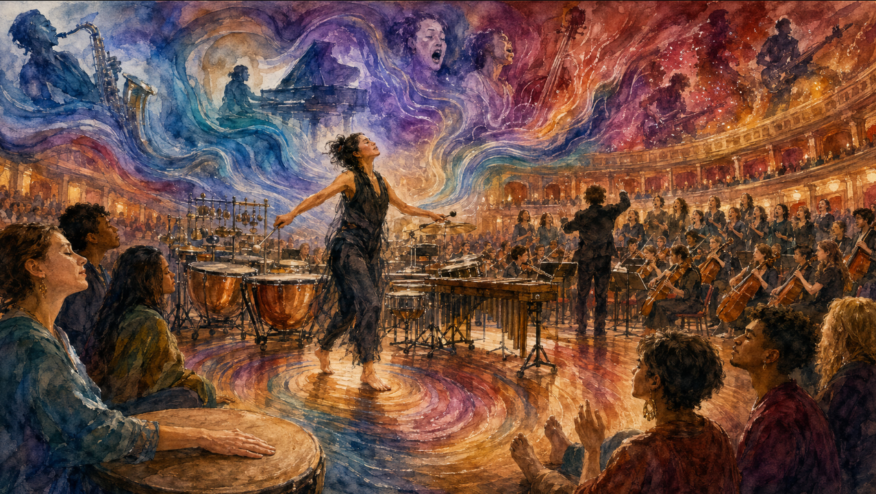 Barefoot percussionist performs with choir and orchestra as colorful vibrations move through a grand concert hall and its listeners.