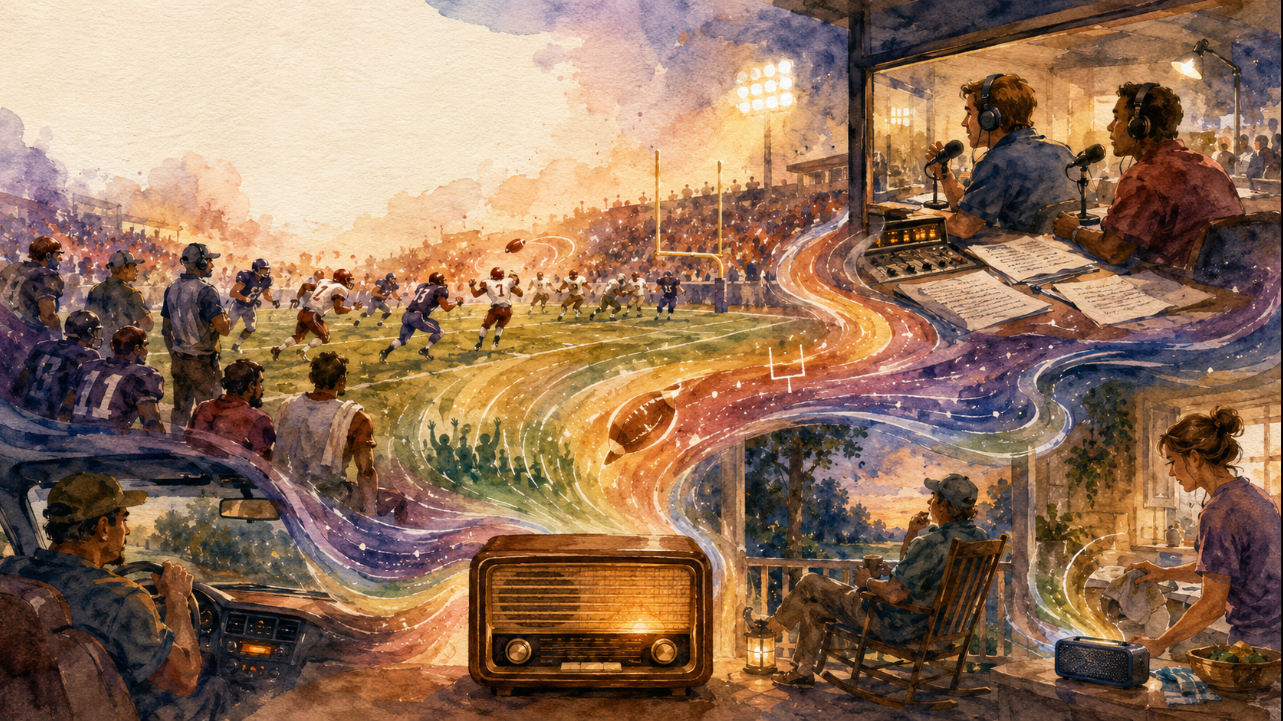 Preseason players compete under stadium lights as radio announcers carry the game to listeners at home and on the road.