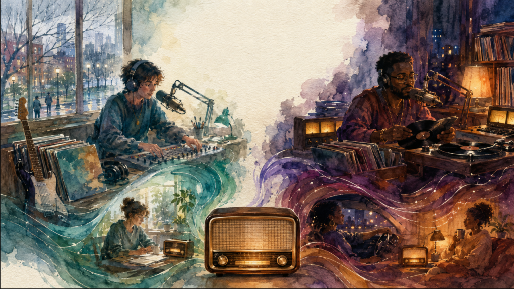 Boston college radio presenters guide alternative music by day and soulful R&B after dark as listeners follow by radio.