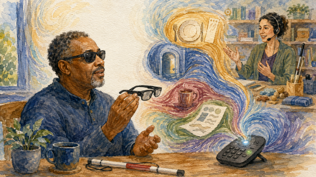 A blind adult examines smart glasses while a telephone webinar provides descriptions of everyday objects and surroundings.