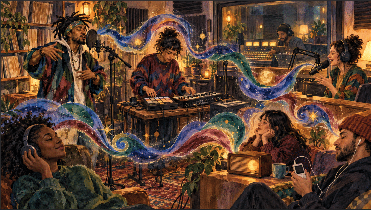 A fictional hip-hop duo performs with a microphone and electronic instruments while a radio host and engineer carry the music to listeners.