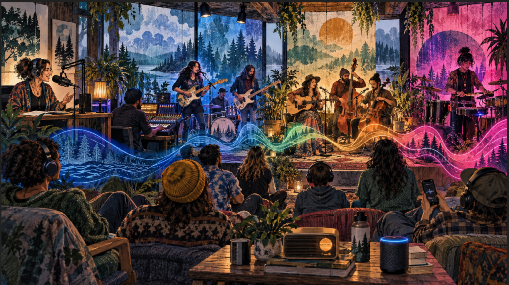 Mixed-media illustration of three Northwest bands performing as a human radio host presents their live concert to online listeners.
